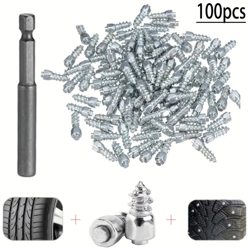 100Pcs 9 x 4mm Screw in Tire Studs Wheel Tyre Studs for Car Truck Motorcycle Bicycle Boot Tire Spikes - Silver