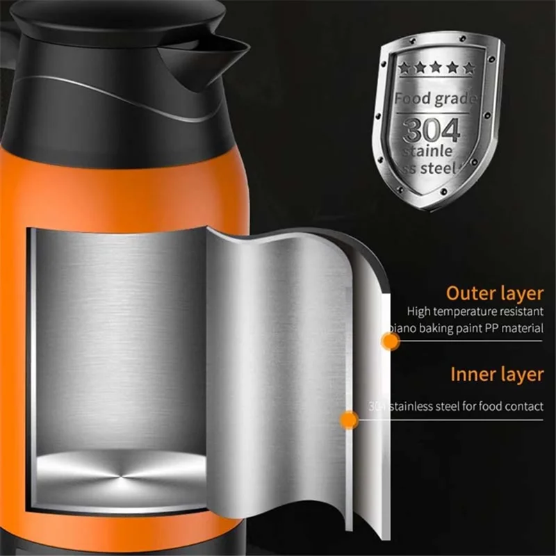 YT-1000A 24V Digital Display 1000ml Stainless Steel Car Electric Kettle Boiling Water Cup (No FDA Certificate) - Orange