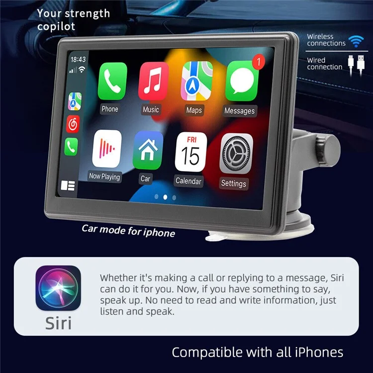 W500A 7-inch Touch Screen Car Wireless Carplay FM Radio HD Video MP5 Player with 8-LED Camera
