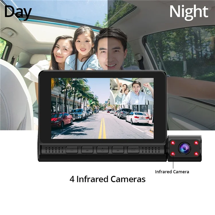 909 Cámara de Coche DVR Dash Cam 1080P Visión Nocturna Monitoreo de Estacionamiento Pantalla Táctil de 4.0 Pulgadas 3 Cámaras Grabadora de Conducción