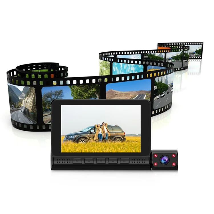 909 Cámara de Coche DVR Dash Cam 1080P Visión Nocturna Monitoreo de Estacionamiento Pantalla Táctil de 4.0 Pulgadas 3 Cámaras Grabadora de Conducción