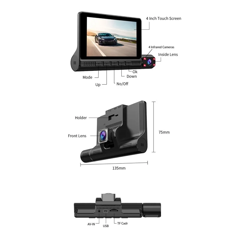 909 Cámara de Coche DVR Dash Cam 1080P Visión Nocturna Monitoreo de Estacionamiento Pantalla Táctil de 4.0 Pulgadas 3 Cámaras Grabadora de Conducción
