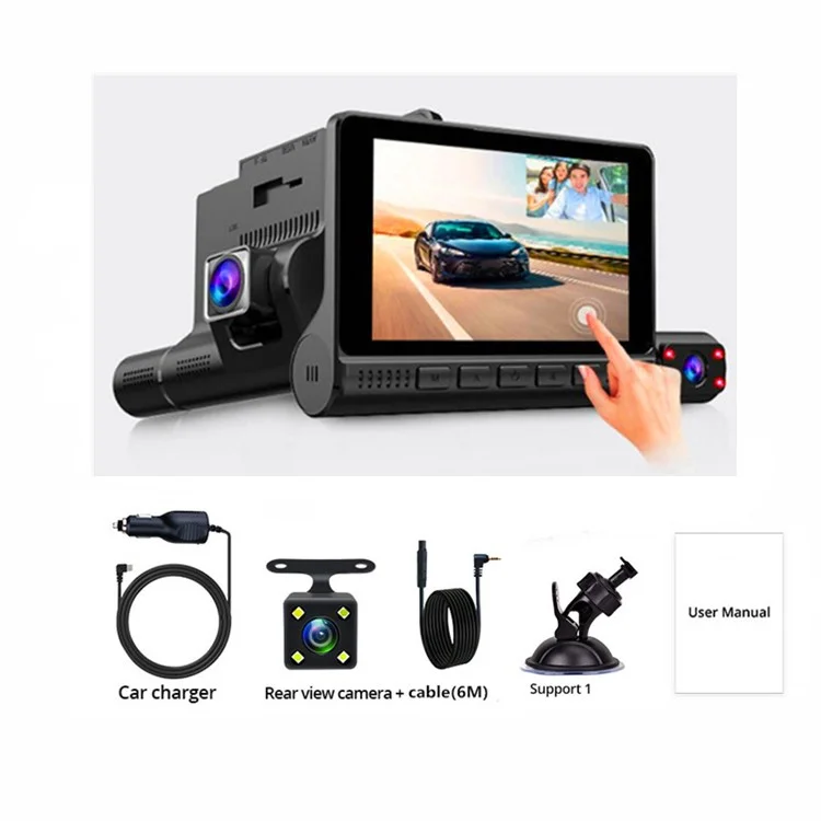 909 Cámara de Coche DVR Dash Cam 1080P Visión Nocturna Monitoreo de Estacionamiento Pantalla Táctil de 4.0 Pulgadas 3 Cámaras Grabadora de Conducción