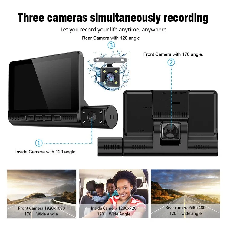 909 Cámara de Coche DVR Dash Cam 1080P Visión Nocturna Monitoreo de Estacionamiento Pantalla Táctil de 4.0 Pulgadas 3 Cámaras Grabadora de Conducción