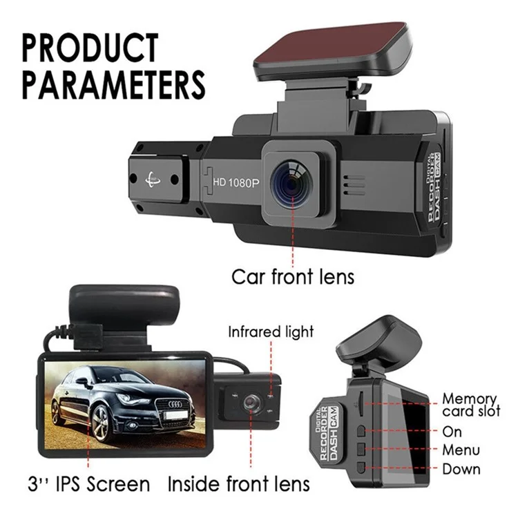 Telecamera per cruscotto anteriore e posteriore 1080P HD con visione notturna, registratore per auto (senza WiFi)