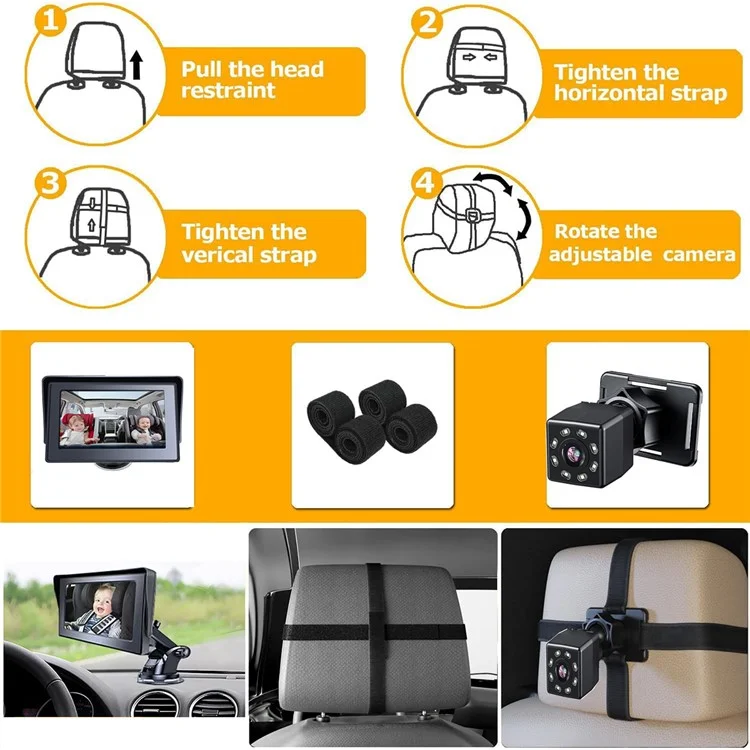 R5037 Telecamera per monitor per bambini in auto con ventosa rotante a 360 gradi da 4,3 pollici per una guida sicura con visione notturna