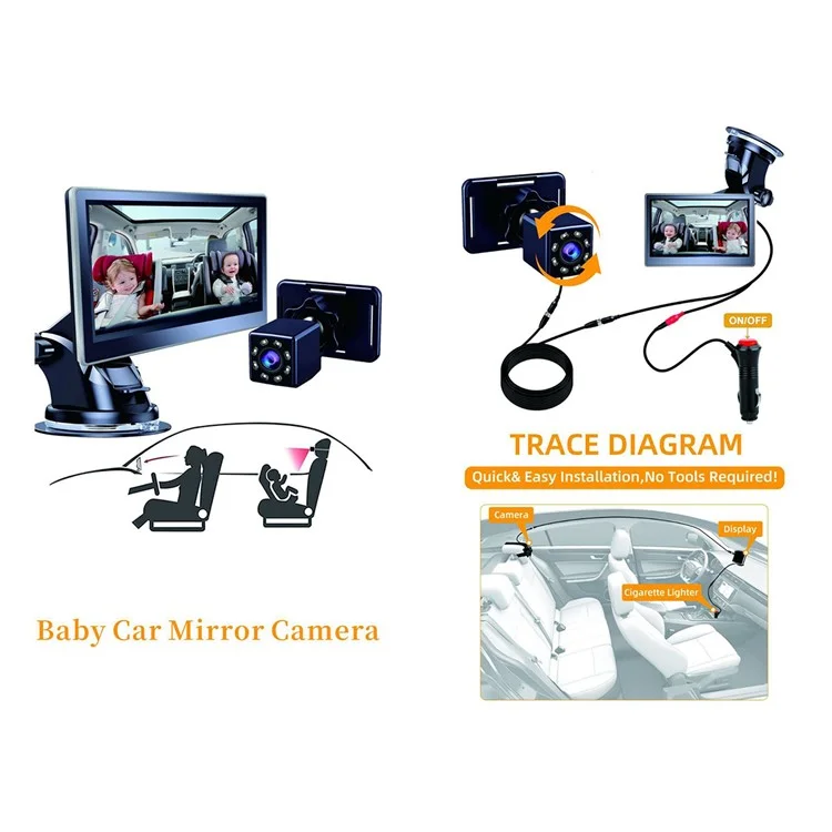 R5037 Telecamera per monitor per bambini in auto con ventosa rotante a 360 gradi da 4,3 pollici per una guida sicura con visione notturna