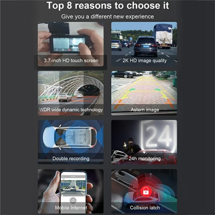 2K Ultra HD WiFi Night Vision Front and Rear Recording Car Dash Cam with Parking Monitor