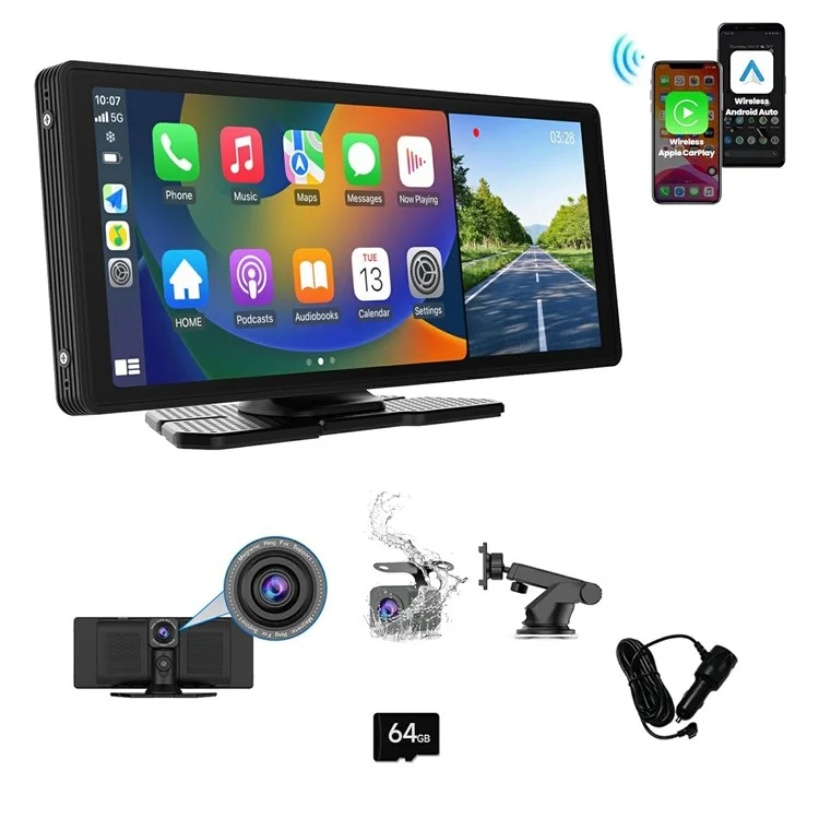 W514B Pantalla Portátil CarPlay de 10,26 Pulgadas con Cámara AHD de Doble Grabación y Tarjeta TF de 64G