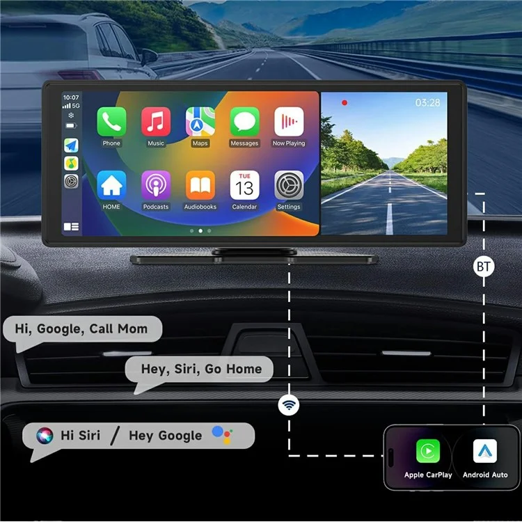 W514B Pantalla Portátil CarPlay de 10,26 Pulgadas con Cámara AHD de Doble Grabación y Tarjeta TF de 64G