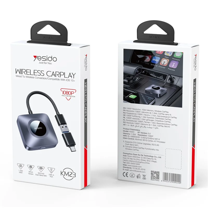 YESIDO KM23 Dual Band WiFi CarPlay Adapter Wired to Wireless Converter for Car Stereo Systems OTA Upgradable