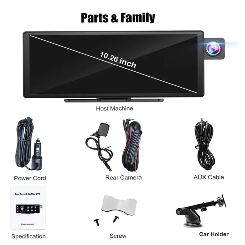 R5026 2K Front + 1080P Rear Dual Lens 10.26 Inch Bluetooth-compatible CarPlay Car Dash Cam AHD Camera with 2 Brackets