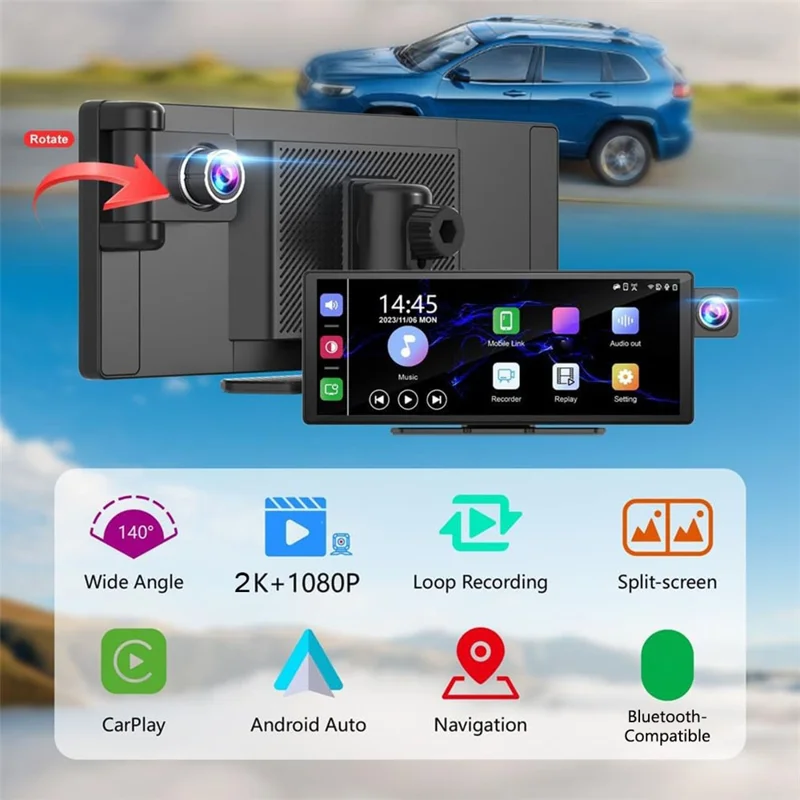 R5026 2K Front + 1080P Rear Dual Lens 10.26 Inch Bluetooth-compatible CarPlay Car Dash Cam AHD Camera with 2 Brackets