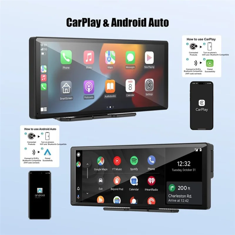 R5026 2K Front + 1080P Rear Dual Lens 10.26 Inch Bluetooth-compatible CarPlay Car Dash Cam AHD Camera with 2 Brackets