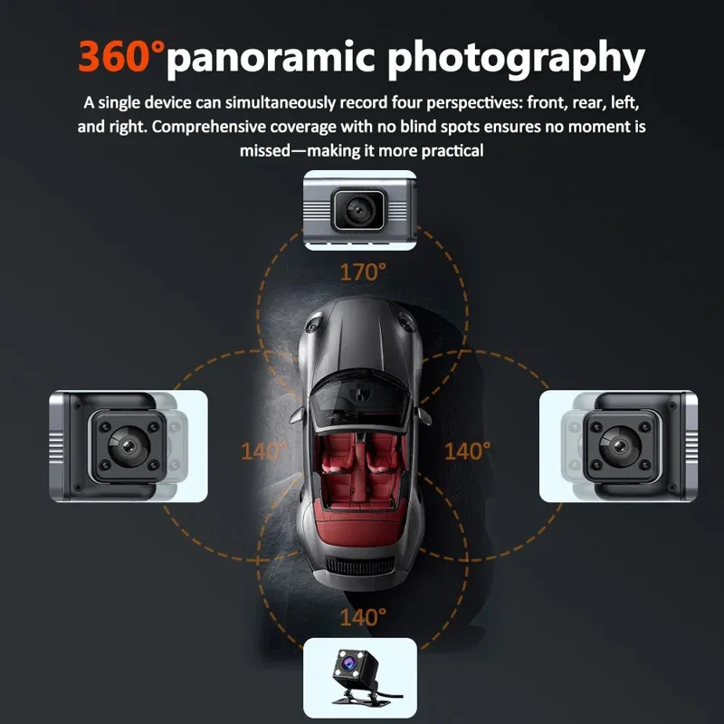 3.0 Inch IPS Screen 1080P HD Recording Dash Cam for Car 4 Lens Front Rear Side View Vehicle DVR