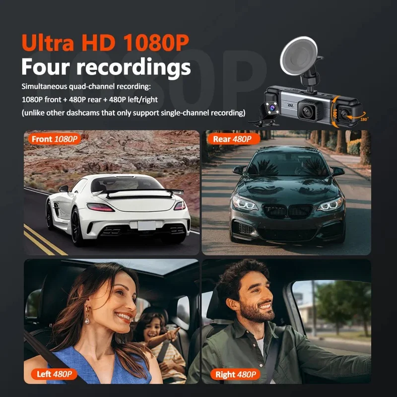 3.0 Inch IPS Screen 1080P HD Recording Dash Cam for Car 4 Lens Front Rear Side View Vehicle DVR