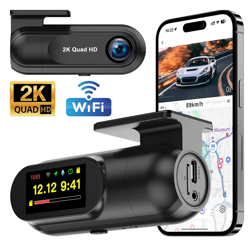 2K WiFi Dash Cam Wide Angle HD Night Vision Car DVR Recorder Support Loop Recording