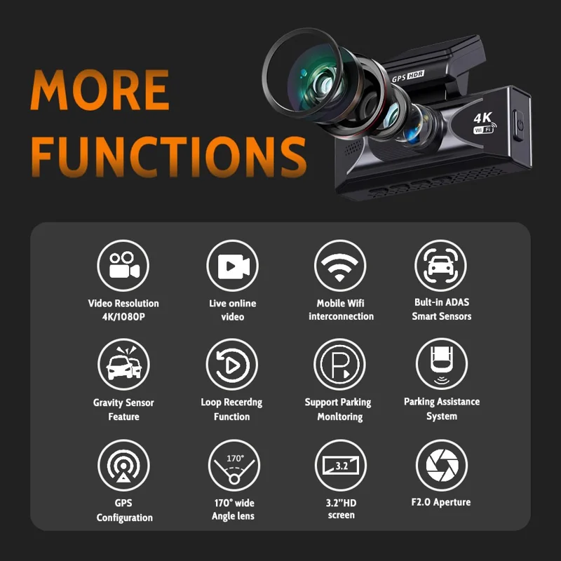 4K UHD Frontkamera und 2,5K Rückkamera Dual-Aufnahme WiFi GPS Dashcam mit integrierter ADAS für Autos, Lkws und SUVs