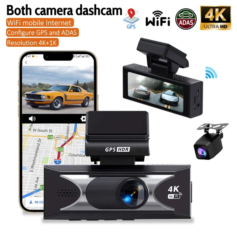 4K UHD Frontkamera und 2,5K Rückkamera Dual-Aufnahme WiFi GPS Dashcam mit integrierter ADAS für Autos, Lkws und SUVs
