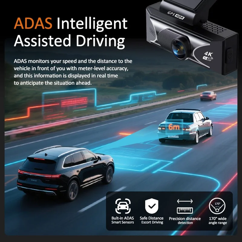 4K UHD Frontkamera und 2,5K Rückkamera Dual-Aufnahme WiFi GPS Dashcam mit integrierter ADAS für Autos, Lkws und SUVs