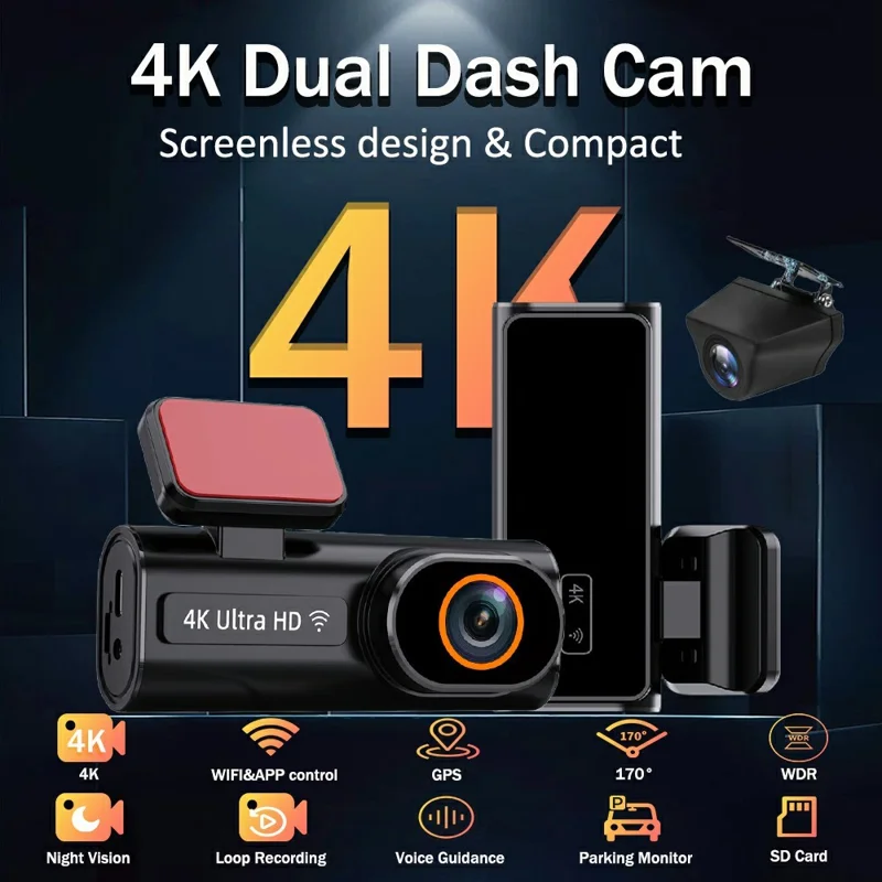 4K Dual Dash Cam Front and Rear Night Vision Parking Monitor GPS Tracking Car DVR
