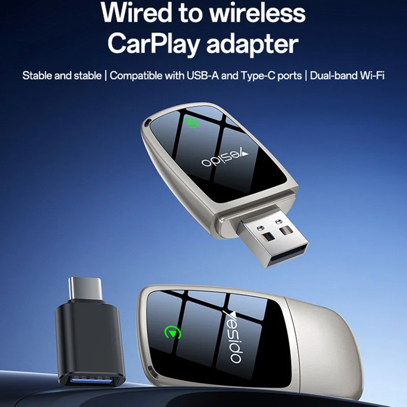 YESIDO KM29 trådlös CarPlay-adapter till bilens stereosystem med 5G / 2,4G dualband Wi-Fi, kan uppdateras via OTA