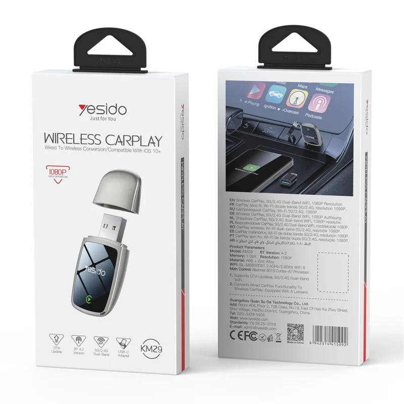 YESIDO KM29 trådlös CarPlay-adapter till bilens stereosystem med 5G / 2,4G dualband Wi-Fi, kan uppdateras via OTA