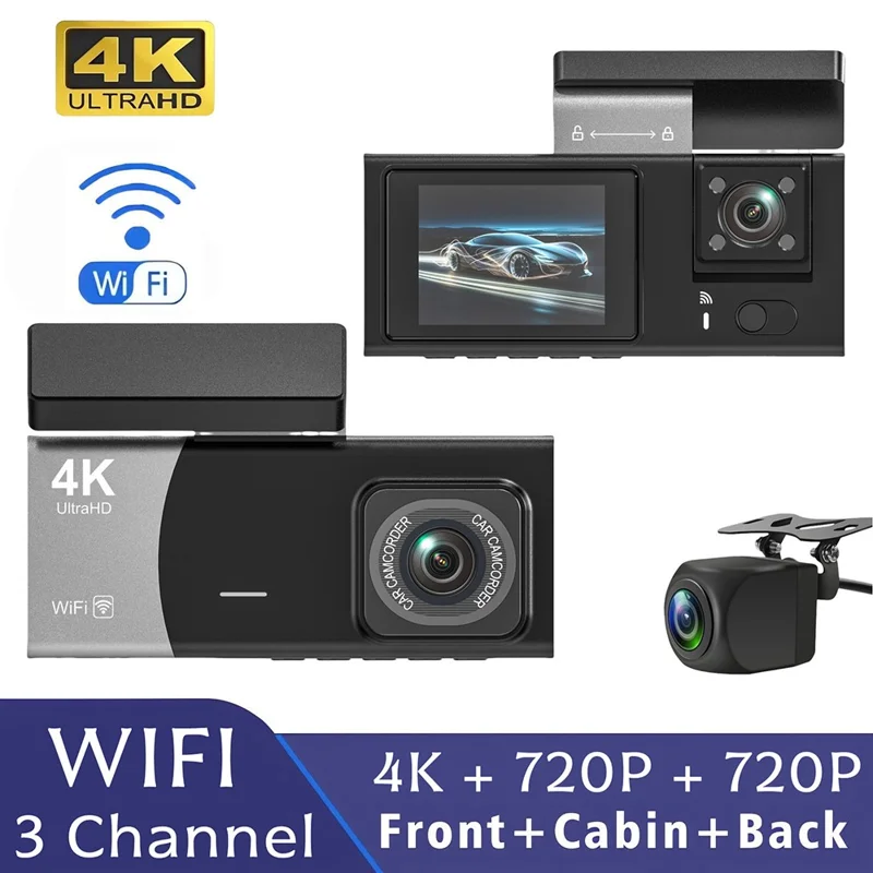 Y08 2.0 Inch IPS Screen 4K Dash Cam Front + Inside + Rear 3 Lens WiFi Car DVR Built-in G-Sensor
