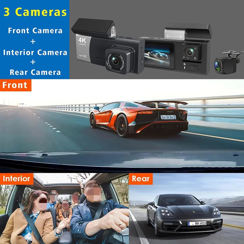 Y08 2.0 Inch IPS Screen 4K Dash Cam Front + Inside + Rear 3 Lens WiFi Car DVR Built-in G-Sensor