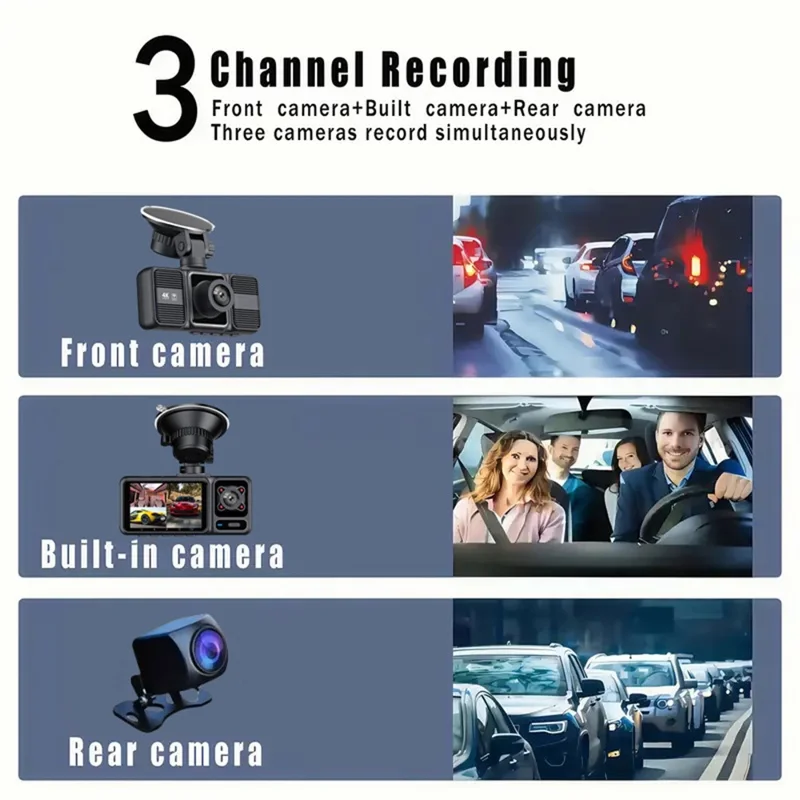 S26 4K Dash Cam 3-Lens WiFi Car Recorder with 2 inch IPS Screen  /  Night Vision  /  G-Sensor Motion  /  Detection Car DVR