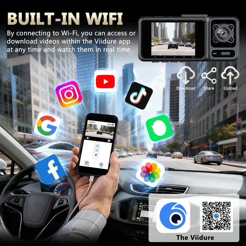 S26 4K Dash Cam 3-Lens WiFi Car Recorder with 2 inch IPS Screen  /  Night Vision  /  G-Sensor Motion  /  Detection Car DVR