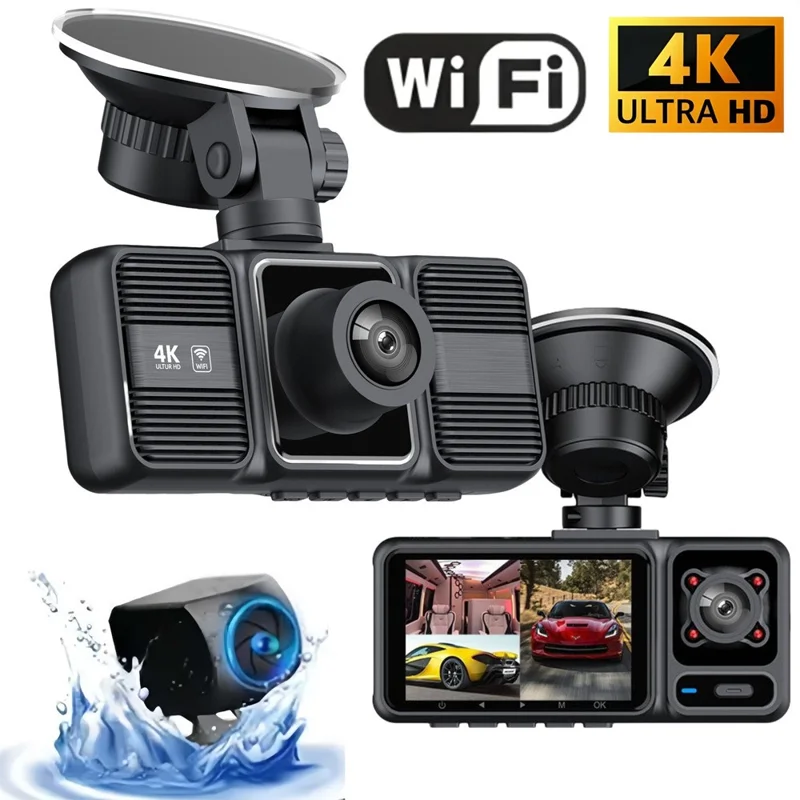 S26 4K Dash Cam 3-Lens WiFi Car Recorder with 2 inch IPS Screen  /  Night Vision  /  G-Sensor Motion  /  Detection Car DVR