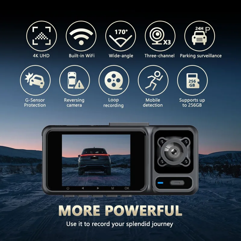 S26 4K Dash Cam 3-Lens WiFi Car Recorder with 2 inch IPS Screen  /  Night Vision  /  G-Sensor Motion  /  Detection Car DVR