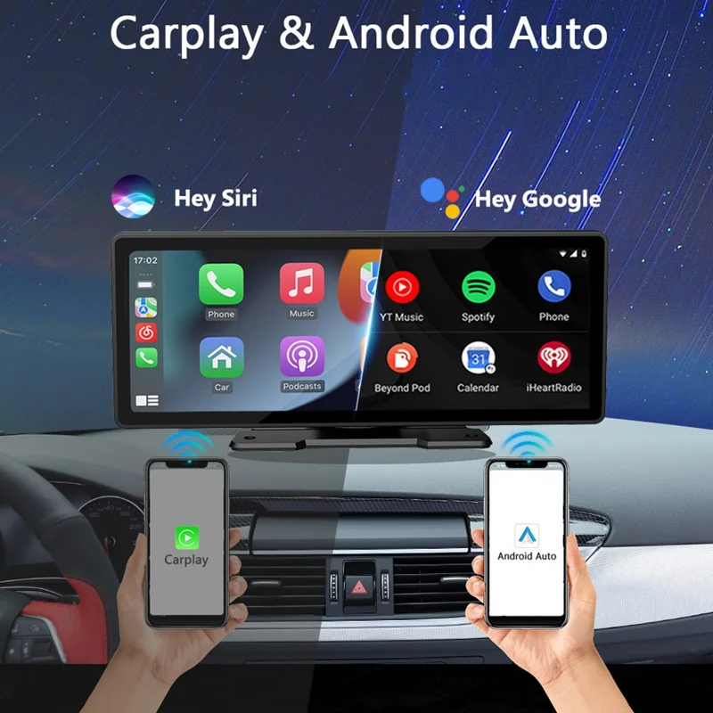 H18C 10.26 inch Wireless CarPlay Dash Cam 4K+1080P Dual Lens Casting MP5 with Night Vision /  Wide Angle Car DVR For Android