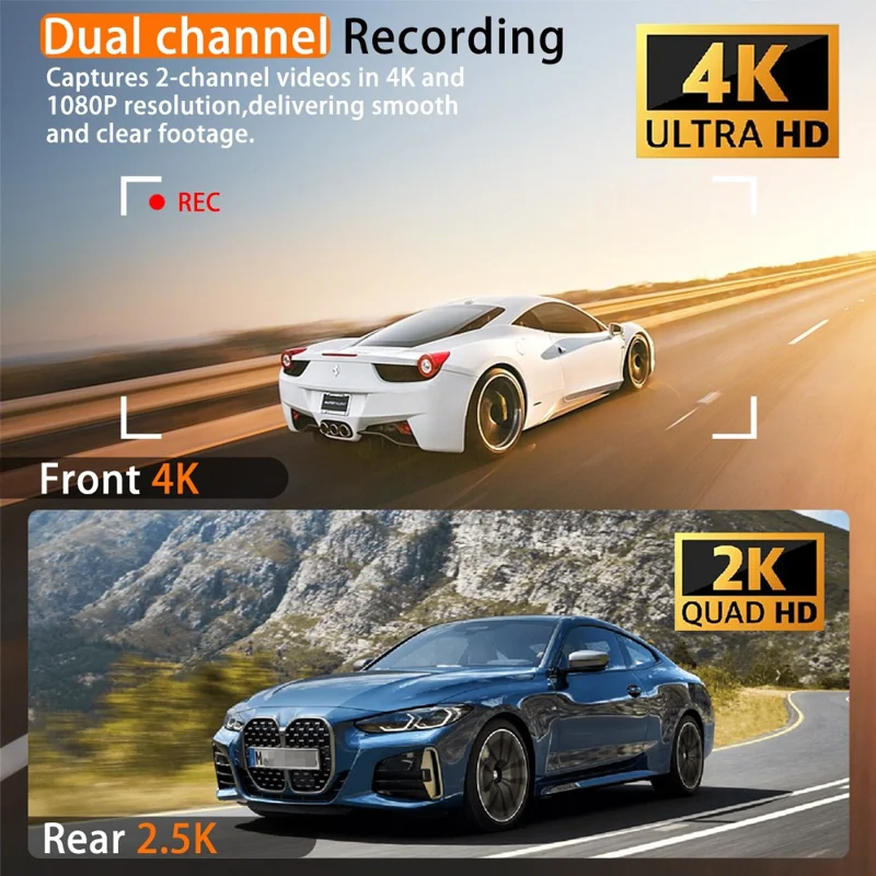 4K Dual Lens Dash Cam 170° Wide Angle Car DVR with WiFi GPS Tracking and Night Vision