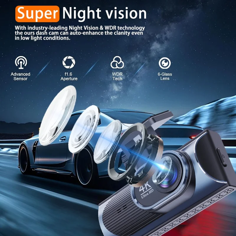 4K Dual Lens Dash Cam 170° Wide Angle Car DVR with WiFi GPS Tracking and Night Vision
