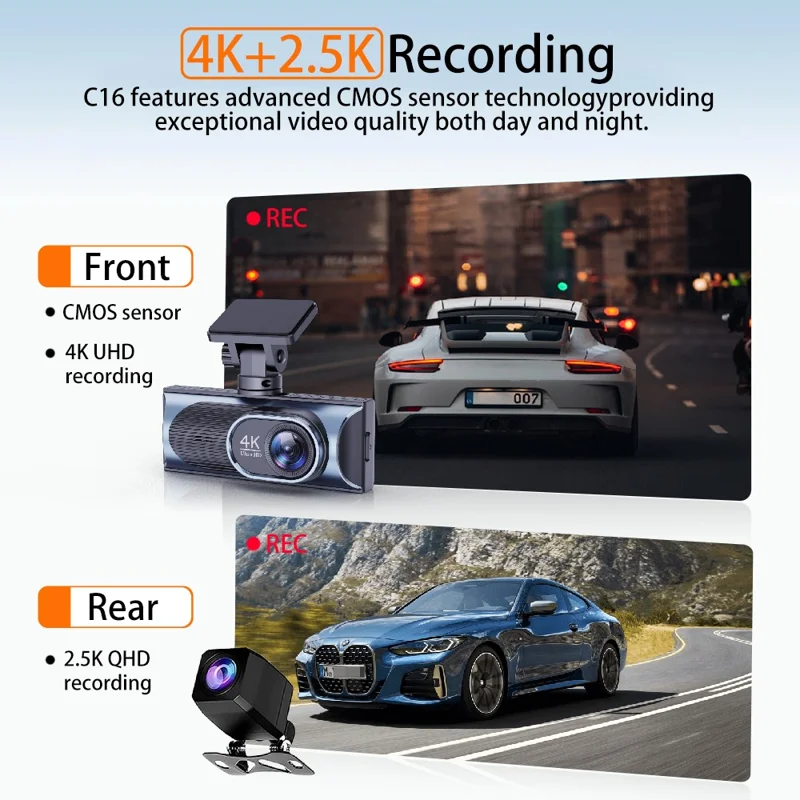 4K Dual Lens Dash Cam 170° Wide Angle Car DVR with WiFi GPS Tracking and Night Vision