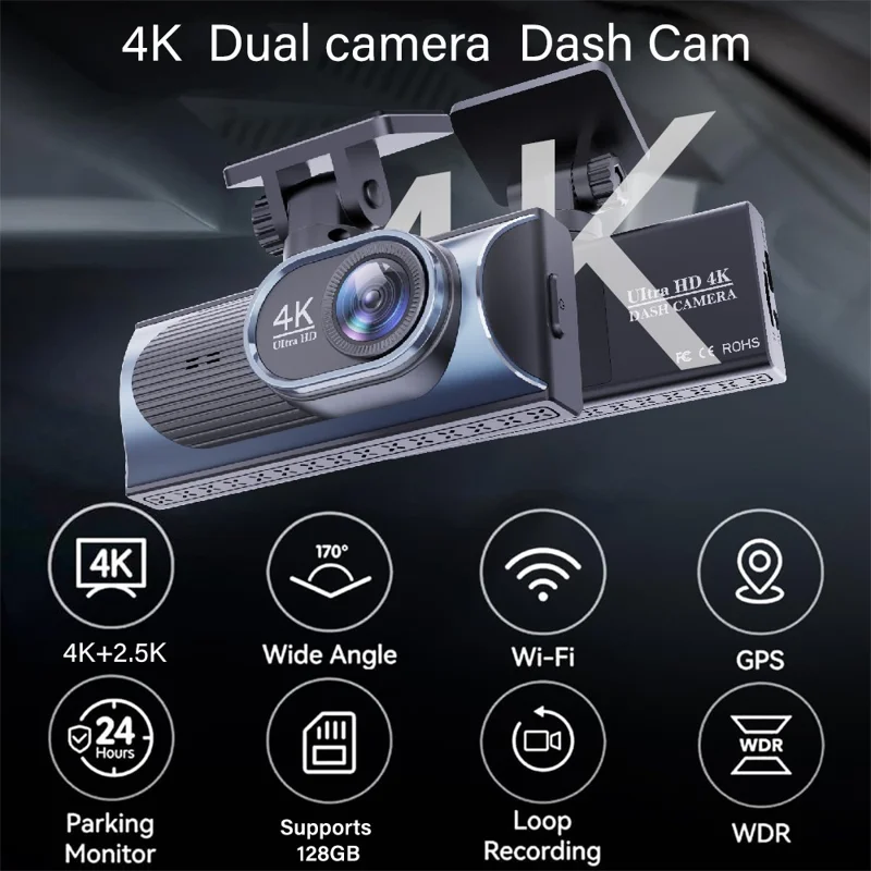 4K Dual Lens Dash Cam 170° Wide Angle Car DVR with WiFi GPS Tracking and Night Vision