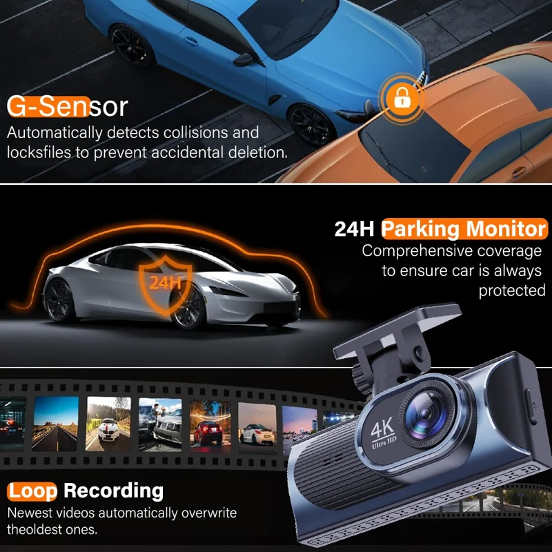 4K Dual Lens Dash Cam 170° Wide Angle Car DVR with WiFi GPS Tracking and Night Vision