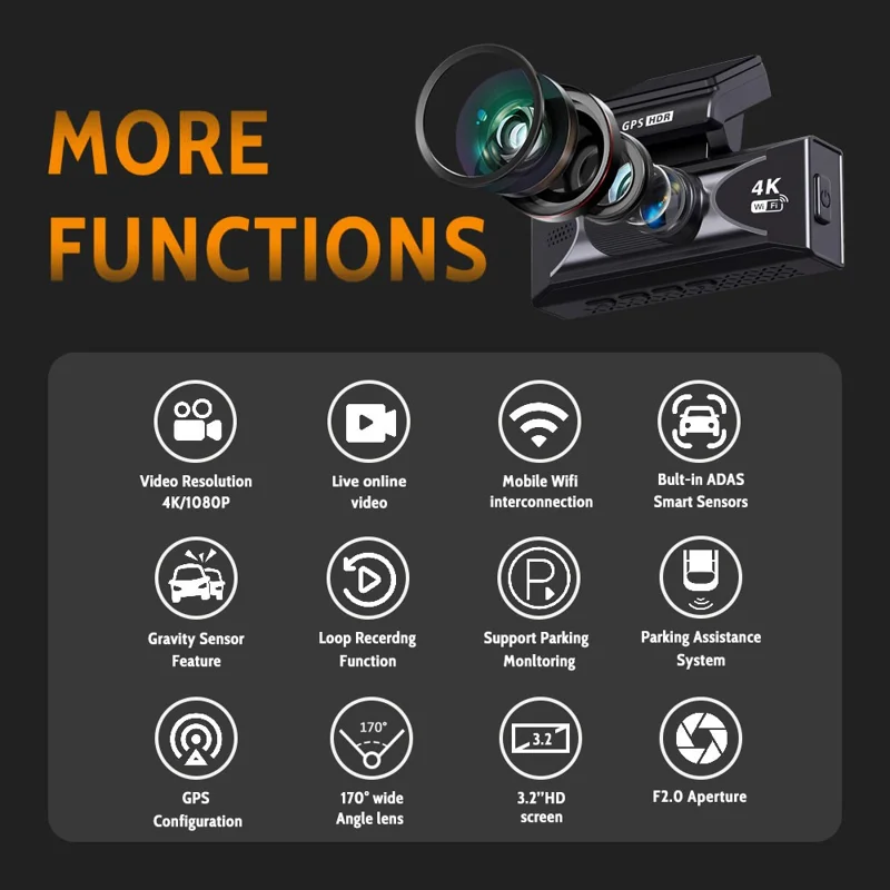 4K Dual Lens Dash Cam with ADAS 170° Wide Angle Car DVR with Night Vision and G-Sensor