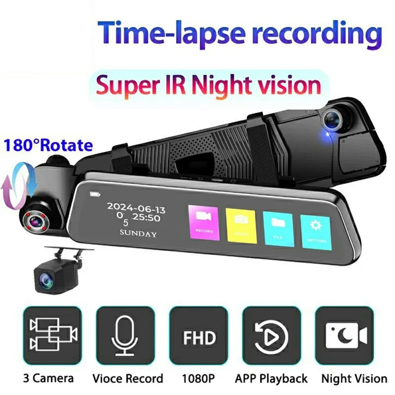 8402 Triple Display WiFi 1080P HD Reverse Camera 10 Inch Touchscreen Rearview Mirror Dash Cam