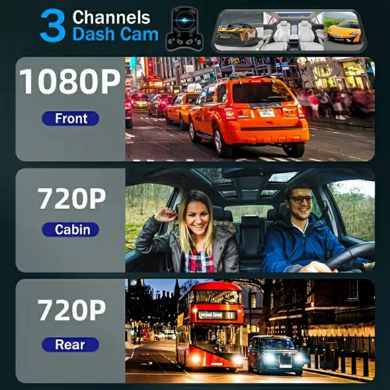 8402 Triple Display WiFi 1080P HD Reverse Camera 10 Inch Touchscreen Rearview Mirror Dash Cam