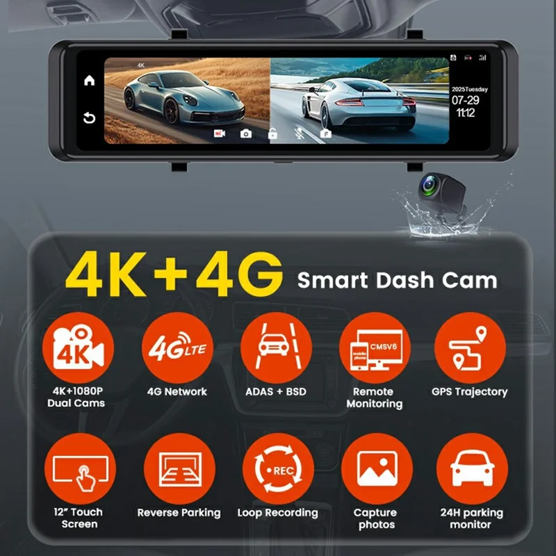 V7 12 Inch Touchscreen Car Dash Cam 4K Front and 1080P Rear Dual Camera ADAS+BSD Video Recorder