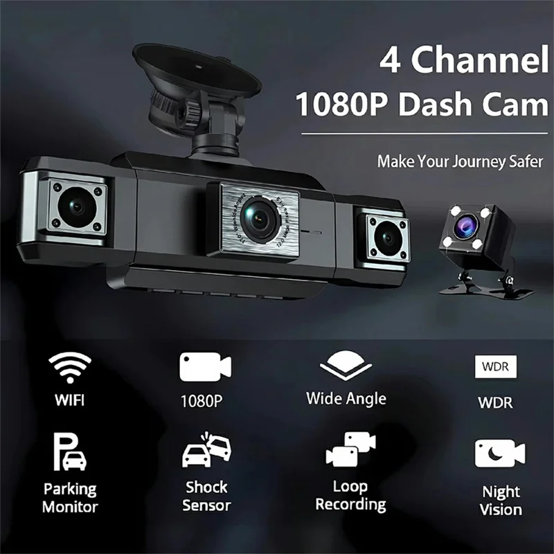 9728D 1080P WiFi Dash Cam HD 4 Channel Cameras with Night Vision Loop Recording