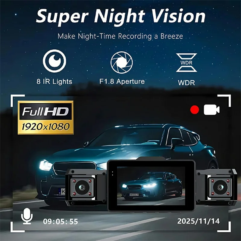 9728D 1080P WiFi Dash Cam HD 4 Channel Cameras with Night Vision Loop Recording