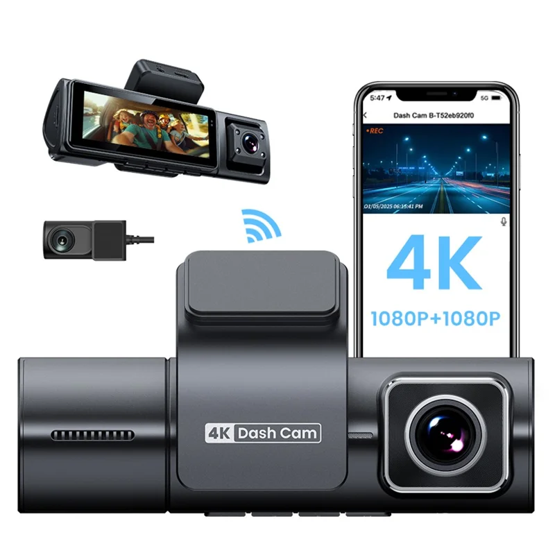 F9 3 Channels Dash Cam GPS 4K Front + 1080P Inside and Rear Night Vision Car Camera Support WiFi App Control