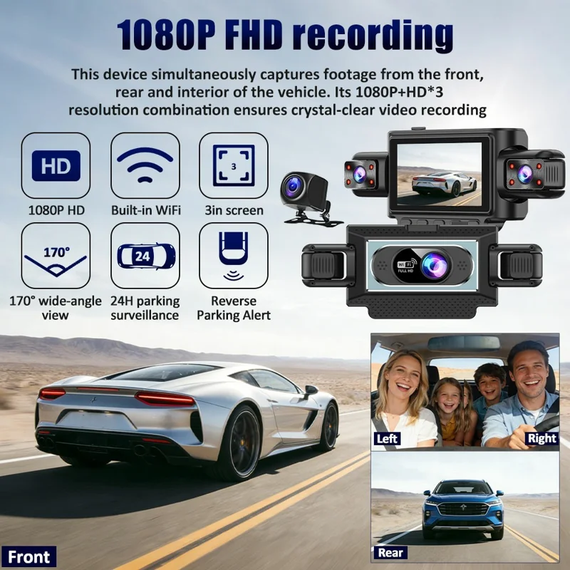 C313 1080P WiFi Dash Cam 4-Channel DVR Wireless Night Vision Parking Monitor Reverse Camera - Black