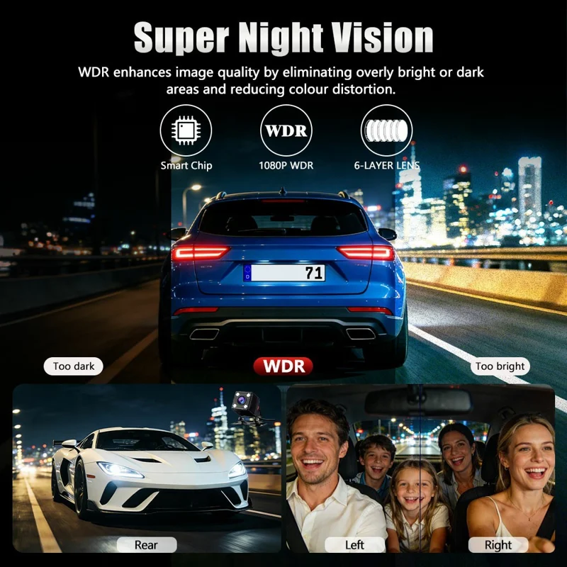 C313 1080P WiFi Dash Cam 4-Channel DVR Wireless Night Vision Parking Monitor Reverse Camera - Black