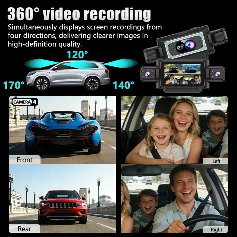 C313 1080P WiFi Dash Cam 4-Channel DVR Wireless Night Vision Parking Monitor Reverse Camera - Black