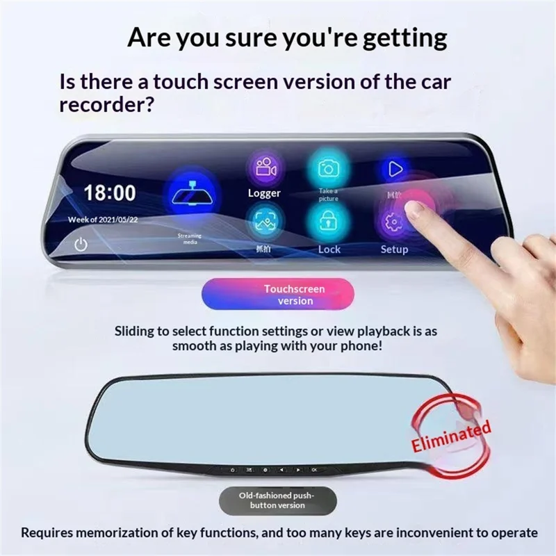 H111-TP HD Streaming Card Recorder Dash Cam 9.66 Inch IPS Touch Screen Dual Lens HD Night Vision Rearview Mirror DVR